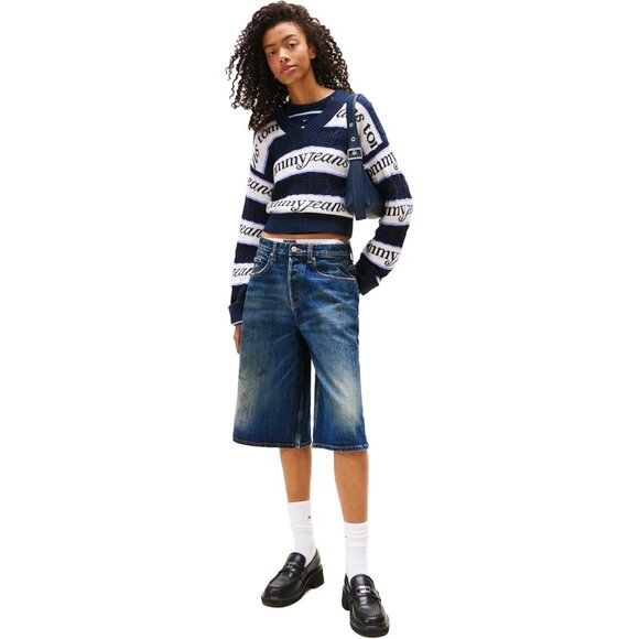 Women's Cotton V-Neck Sweater with Logo Print Casual Pullover - Picture 3 of 4